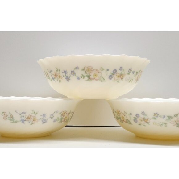 Arcopal Champetre Cream Glass Cereal Bowls Pink Roses Blue Flowers (3) Ivory Fra - Picture 1 of 10